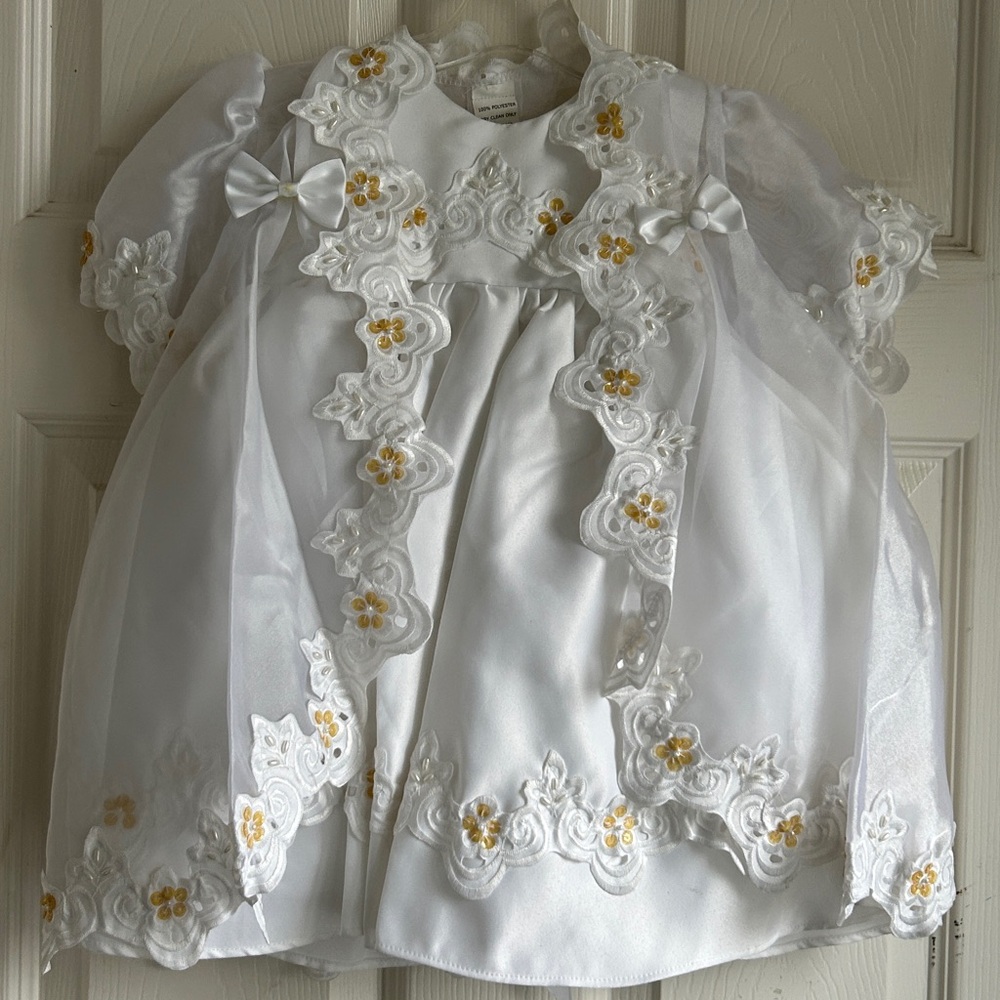 NWOT baptism gown w embroidered trim and and cover